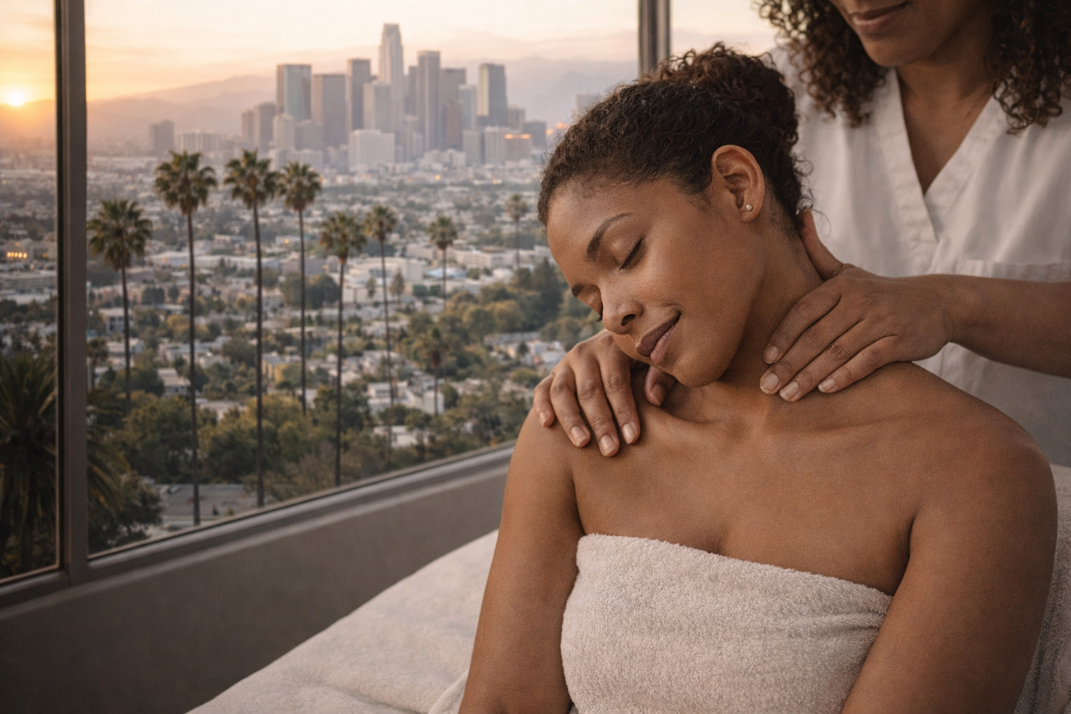 finding-the-best-massage-therapy-for-stress-relief-in-los-angeles-shoulder-massage Woman receiving seated shoulder massage with Los Angeles skyline view for stress relief and relaxation