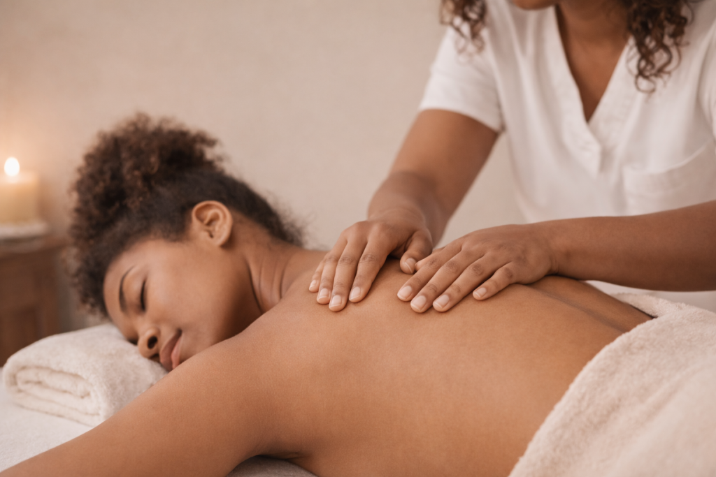 Massage therapist applying pressure to release stored stress and tension in the shoulders and upper back